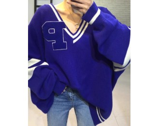 Blue Letter Patch Stripe V-Neck Sweater | Key – SHINee