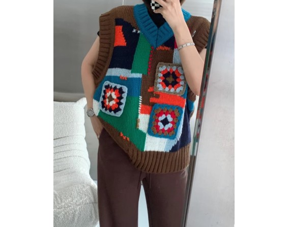 Brown Patching Pattern Knit Vest | Onew – SHINee