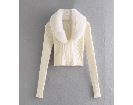 Beige Fur Collar Knitted Cardigan | Yoon – STAYC