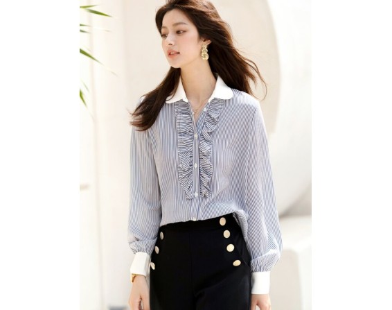 Blue Ruffled Placket Striped Shirt | Minho – SHINee