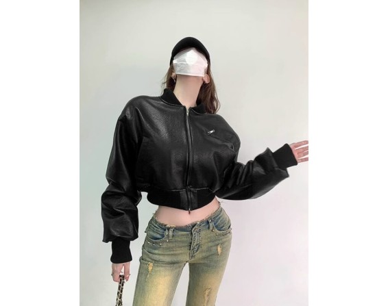 Black Faux Leather Cropped Bomber Jacket | Mark – NCT